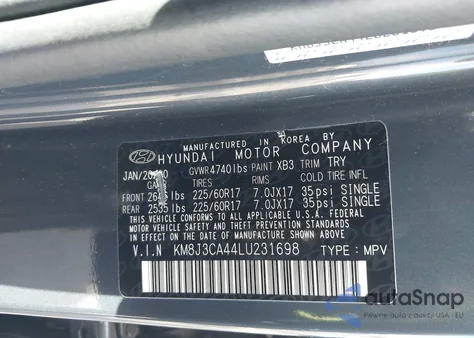 2020 Hyundai Tucson Value z USA, uszkodzony, nr VIN KM8J3CA44LU231698